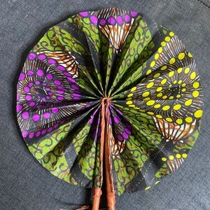 Ghanian folding fan multi color, medium size, fabric with leather handles